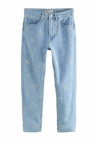 Jeans de mezclilla azul claro con detalles de bordado floral, diseño de pierna recta, cinco bolsillos y cintura estándar con cierre de botón.