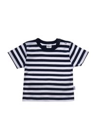 Marineblau-weiß gestreiftes T-Shirt mit kurzen Ärmeln, weicher Stoff, runder Ausschnitt mit Knopfakzenten, Etikett an der Seite, lässiges Design.