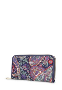 Marineblauwe portemonnee met een kleurrijk bloemen-paisleypatroon, gemaakt van stof met een gladde textuur, met een ritsluiting en accentstukken van goudkleurig metaal.