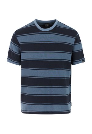 Striped short-sleeve t-shirt featuring dark blue and light blue horizontal stripes, round neck, and textured fabric pattern.