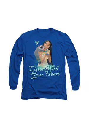 Blue long-sleeve shirt featuring a cartoon character holding a raccoon, text reading "Listen With Your Heart," and a hummingbird accent.
