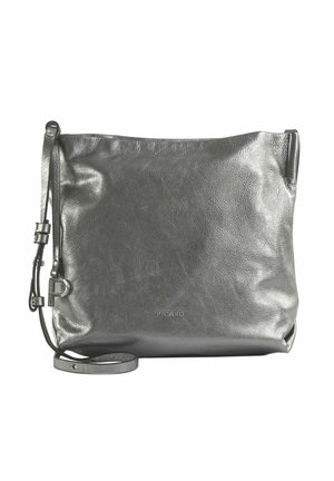 Sac bandoulière en cuir gris foncé brillant avec une sangle réglable et le logo "Picard" embossé au centre à l'avant.