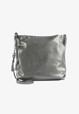 Sac bandoulière en cuir gris foncé brillant avec une sangle réglable et le logo "Picard" embossé au centre à l'avant.