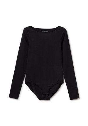 Body nero a maniche lunghe realizzato in tessuto morbido. Presenta un collo a barchetta e una silhouette aderente con chiusura a scatto sul fondo.