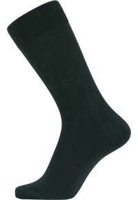 Dark green cotton sock with a ribbed cuff, smooth texture, and classic crew length design. Ideal for casual or formal wear.