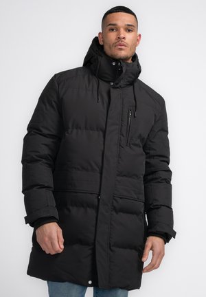 Black padded coat with a hood, zippered front, and side pockets. Features a quilted design and adjustable drawstrings on the hood.