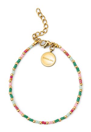 Bracelet coloré en perles avec des perles roses, vertes et dorées, doté d'un fermoir en métal doré et d'une étiquette circulaire gravée "SINGULARU".
