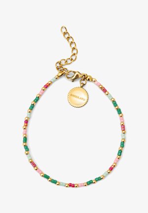 Kleurrijke kralenarmband met roze, groene en gouden kralen, voorzien van een gouden kreeftslot en een ronde label met de inscriptie "SINGULARU."