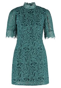 Tyrkysové krajkové šaty s vysokým límcem, krátkými rukávy, květinovými vzory a vyřezávanými okraji. Silueta ve tvaru A s upnutým korzetem.