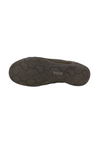 Suola di scarpa in gomma marrone con un motivo di battistrada esagonale, caratterizzata da scanalature per la trazione e un logo impresso sulla superficie.