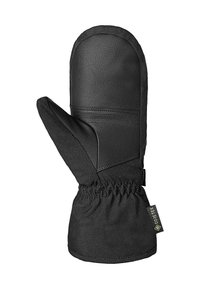 Schwarze Handschuhe aus Leder und Stoff, mit einem elastischen Bund, einem schlichten Design und einem auffälligen Gore-Tex-Label an der Seite.