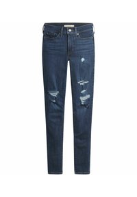 Tmavě modré džíny s úzkým střihem, s opotřebovanými detaily, třásněmi a klasickým pětikapsovým designem.