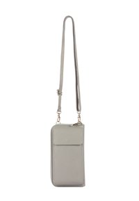 Grå læder crossbody taske med en tekstureret overflade, lynlåslukning, frontlomme og justerbar skulderrem. Enkel rektangulær form.