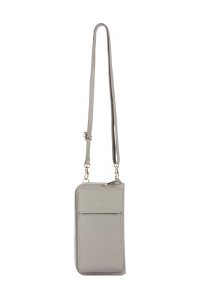 Borsa a tracolla in pelle grigia con superficie testurizzata, chiusura con zip, tasca frontale e tracolla regolabile. Design rettangolare semplice.