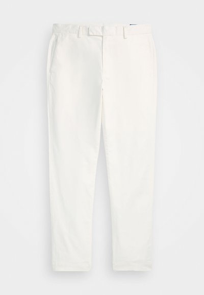 White cotton trousers with a smooth texture, featuring a straight cut, belt loops, and side pockets. No visible patterns or accents.