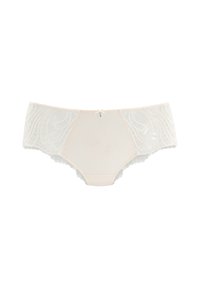 Kant string in lichtbeige met sheer kanten zijkanten, geschulpte randen en een centrale decoratieve strik met een klein hangertje aan de voorkant.