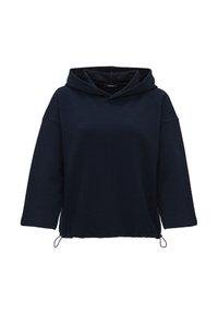 Pullover con cappuccio blu navy, realizzato in tessuto testurizzato, con maniche a 3/4 e cordino regolabile all'orlo per una personalizzazione della vestibilità.