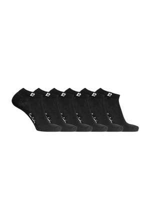 Six paires de chaussettes à mi-mollet en noir uni, fabriquées en mélange de coton doux, avec un logo blanc sur le côté et un bord côtelé.