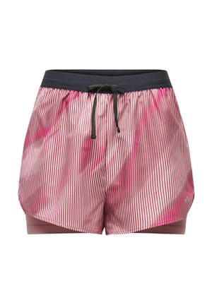 Roza in bele atletske kratke hlače z črnim elastičnim pasom in vrvico, s plastnim dizajnom za dodatno pokritost.