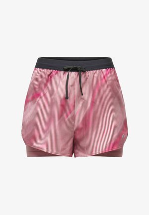 Roza in bele atletske kratke hlače z črnim elastičnim pasom in vrvico, s plastnim dizajnom za dodatno pokritost.