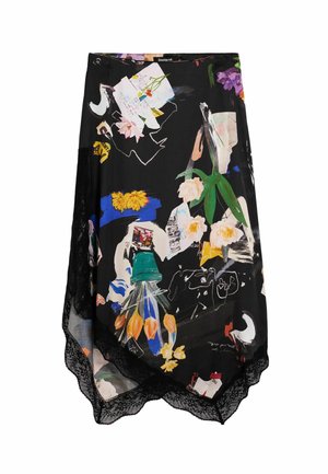 Gonna nera con stampa floreale colorata e artistica, orlata con pizzo al bordo e design asimmetrico.