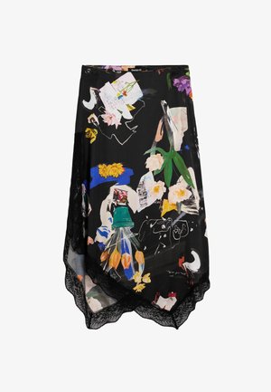 Fekete szoknya, amely élénk színes virágos és művészi mintával díszített, csipke szegéllyel az alján és aszimmetrikus kialakítással.