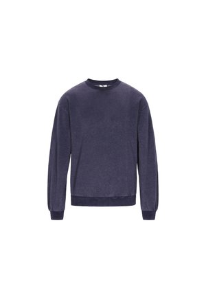 Navy blauwe sweatshirt van zacht materiaal, met een ronde hals, lange mouwen en ribgebreide manchetten en zoom. Minimalistisch ontwerp; geen patronen of accenten.