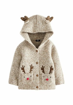 Cardigan enfant beige en tricot avec capuche, détails bois de cerf marron et poches avant décorées en visages de rennes avec nez rouges.