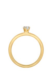 Anello di fidanzamento in oro con una fascia liscia, caratterizzato da un singolo diamante rotondo incastonato in una montatura a artiglio nella parte superiore.
