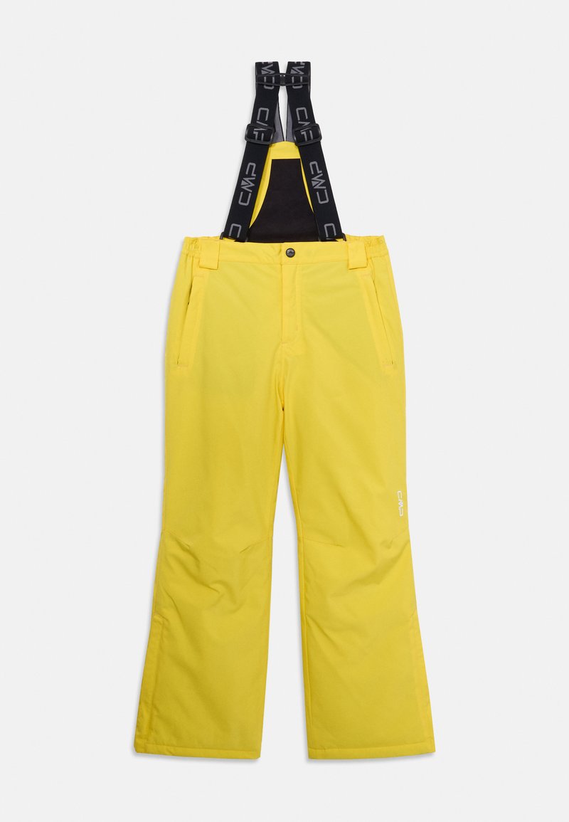 Yellow snow pants featuring black adjustable straps, a front button closure, and side pockets with a loose fit for ease of movement.