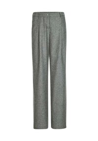 Grijze pinstripe hoge taille tailleurs met knoop en riemlussen, met een rechte pasvorm en plooien aan de voorkant.