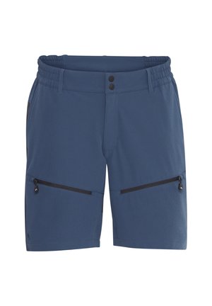 Blauwe shorts van zachte stof met een elastische tailleband, voorzien van twee met rits gesloten zijzakken en contrasterende zwarte accenten.