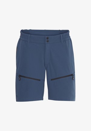 Blaue Shorts aus weichem Stoff mit elastischem Bund, ausgestattet mit zwei seitlichen Reißverschlusstaschen und kontrastierenden schwarzen Akzenten.