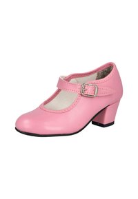Zapato Mary Jane de cuero sintético rosa con tira de hebilla, puntera redondeada y pequeño tacón cuadrado. Presenta una plantilla texturizada y costuras en contraste.