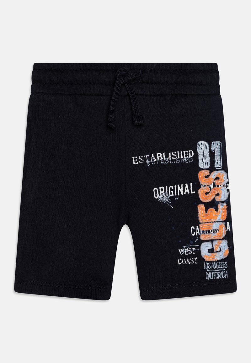 Svarta bomullsshorts med elastiskt midjeband och dragsko; har tryckt text i vitt, orange och grått med en slitna design.