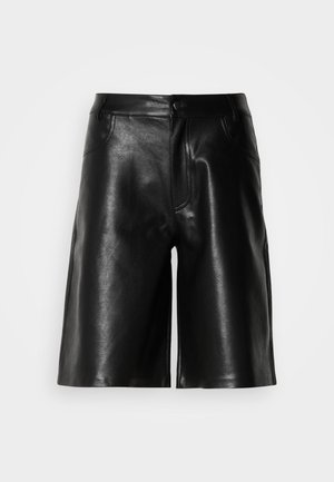 Mustad nahast lühikesed püksid siledast kangast, millel on esikotid, lukuga eesmine sulgur ja sobiv lõige.