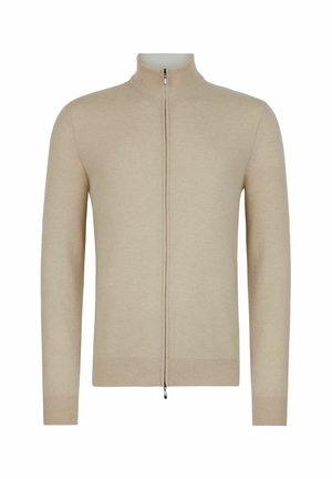 Beige zip-up sweater med høj krave, lange ærmer og ribbet kant, lavet af et blødt stof. Har et minimalistisk design.