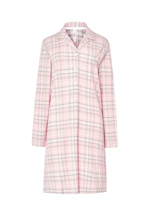 Noche larga de cuadros rosa con mangas largas y collar, con cierre de botones y un bolsillo en el pecho. Hecha de tela ligera.