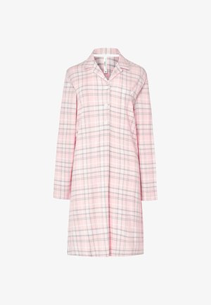 Noche larga de cuadros rosa con mangas largas y collar, con cierre de botones y un bolsillo en el pecho. Hecha de tela ligera.