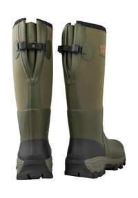 Green rubber high boots with a black sole, reinforced heel, adjustable strap at the calf, and logo on the side. Textured for grip and durability.