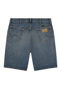 Μπλε τζιν σορτς με πίσω τσέπες, διπλές θηλιές για ζώνη και μικρή ετικέτα μάρκας στην περιοχή της δεξιάς τσέπης.
