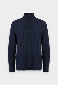 Pulover cu guler înalt de culoare albastru marin, confecționat dintr-un material tricotat texturat, având modele de cabluri și manșete ribbate la încheieturi și la tiv.