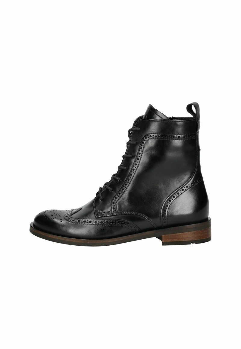 Stivaletti neri in pelle con dettagli brogue, chiusura a lacci, punta tondeggiante, tacco piatto e un accento in legno marrone sulla suola.