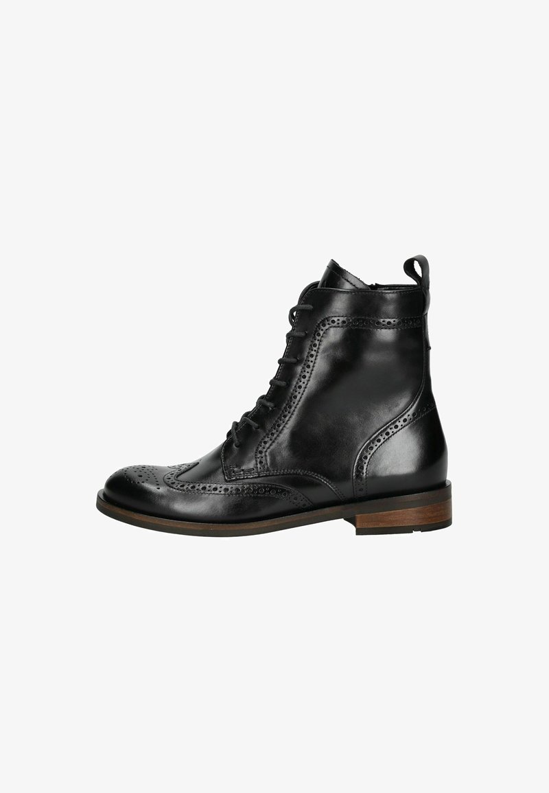 Stivaletti neri in pelle con dettagli brogue, chiusura a lacci, punta tondeggiante, tacco piatto e un accento in legno marrone sulla suola.