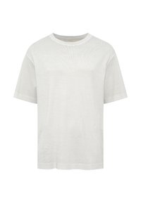 Weißes T-Shirt mit kurzen Ärmeln und Rundhalsausschnitt, hergestellt aus einem leichten Stoff mit weicher Textur und minimalistischem Design.