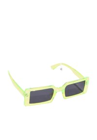 Grüne, durchsichtige rechteckige Sonnenbrille mit dunklen Gläsern, ausgestattet mit einem dicken Rahmen und schlanken Bügeln. Minimaler Hardwareeinsatz und glatte Textur.