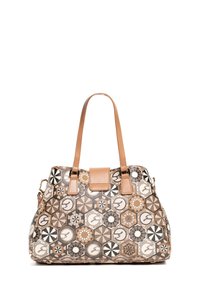 Borsa a tracolla decorata con manici in pelle marrone, caratterizzata da un mix di design geometrici e floreali in beige, marrone e nero. Texture liscia.