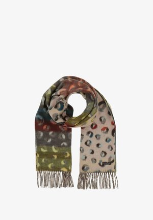 Fular moale și ușor, de culoare bej, cu modele circulare multicolore. Prezintă margini desfăcute și o etichetă cu marcă.