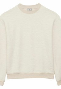 Sweatshirt crewneck beige clair en tissu texturé, avec des poignets et un ourlet côtelés, et un discret détail de logo en bas à gauche.