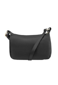 Borsa a tracolla in pelle nera con finitura testurizzata, caratterizzata da un design piatto, cinturino regolabile e dettagli in metallo dorato.